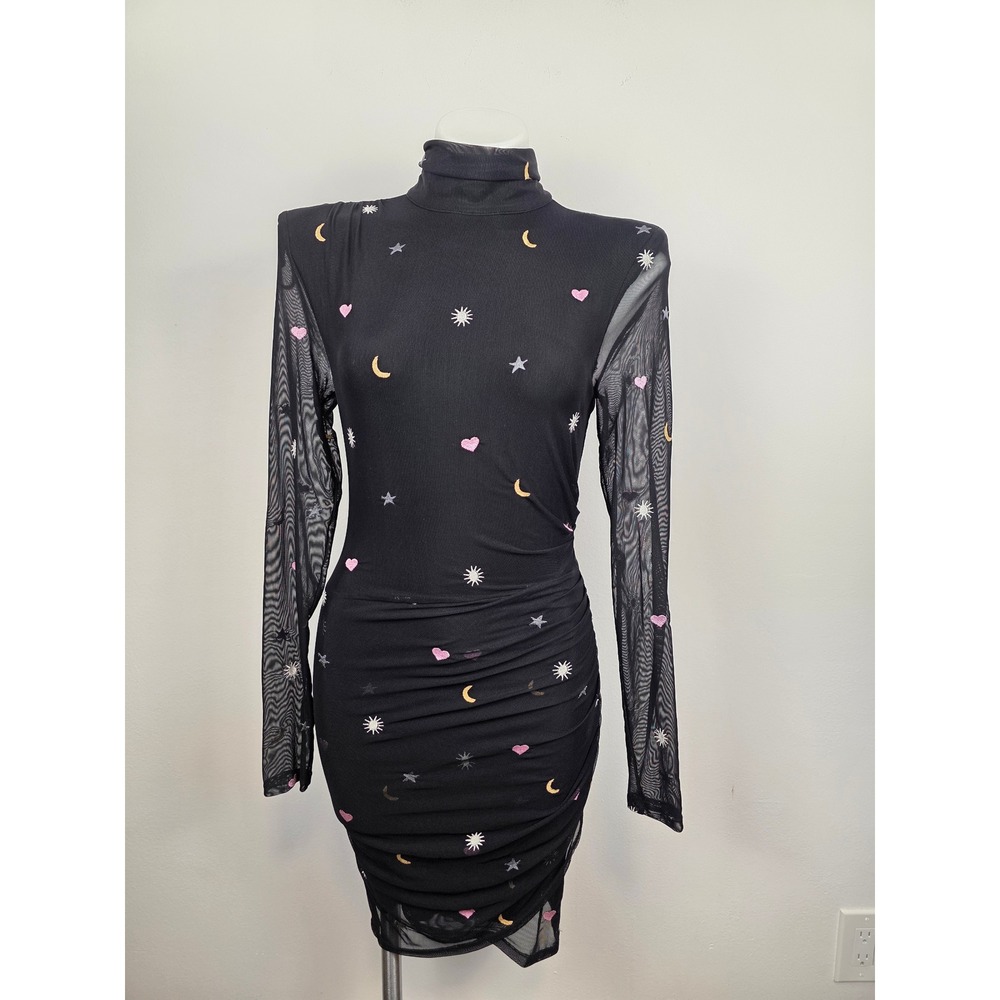 Cinq a Sept Marlene Black Celestial Mesh Ruched Mock Neck Mini Dress Size 6 Star